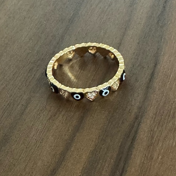 PRETTY BIRD JEWELRY 18K ROSE GOLD PLATED RING WITH BLACK ENAMEL EVIL EYE HEARTS - Picture 4 of 6